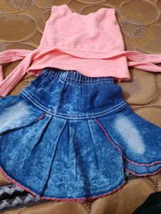 Girls Pink Top &amp; Denim Skirt Set