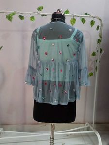 Sky Blue Mesh Sequins Top