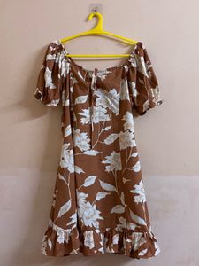 Brown And White Floral Print Tie Up Neck Dress