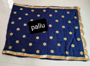 Georgette Navy Blue Saree With  Thread  Embroidery