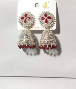 Red &amp; Silver Jhumka Earrings