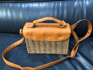 Tan &amp; Wicker Crossbody Bag
