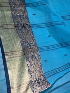 Cyan Color Saree with (blue) Gold Border