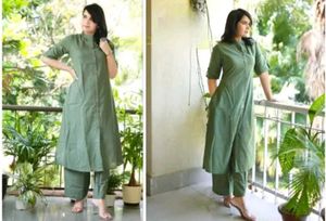 Green Striped Kurti Pant Set