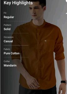 Men Regular Fit Solid Mandarin Collar Casual Shirt