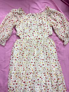 White Floral Short Sleeve Long Dress