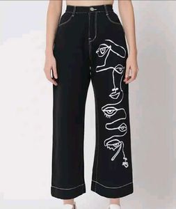 Black Wide-Leg Artistic Face Print Pants