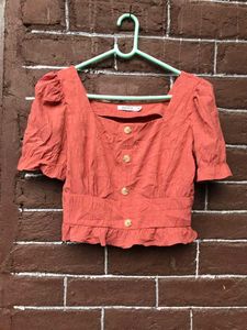 Rust Orange Button-Front Crop Top