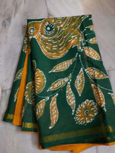 Beautiful Green Floral Pure Cotton Batik Saree