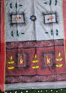 Handprint Handloom Saree - Slate Grey