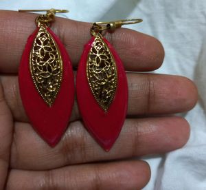 Magenta Color Earrings With Gold Design