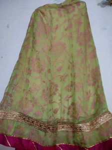 Elegant Green &amp; Pink Floral Lehenga Skirt