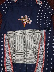 Navy Polka Dot Embroidered Kurti Set