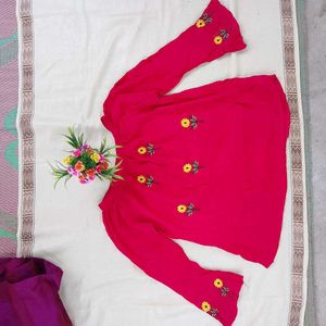 Pink Embroidered Bell Sleeve Top