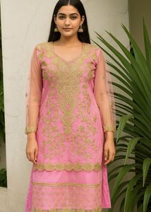 Royal Pink Net Embroidered Partywear Kurti
