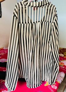 Black And Cream Vertical Striped Sheer Shirt