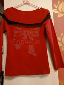 Red Embellished Long Sleeve Top