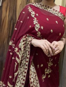 Elegant Embroidered Red Saree without blouse