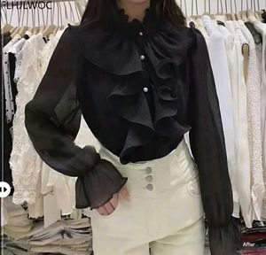 New With Tag Korean Elegant Ruffled Black Blouse