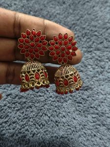 Red &amp; Gold Jhumka Earrings