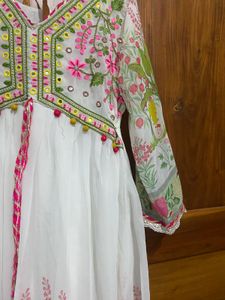 White Printed Anarkali Dress With Dupatta And Pant