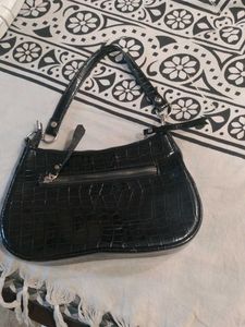 Black Croc Embossed Shoulder Bag