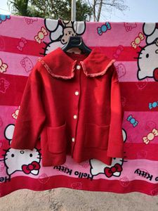 Red Cardigan Coat  with Fringed Collar