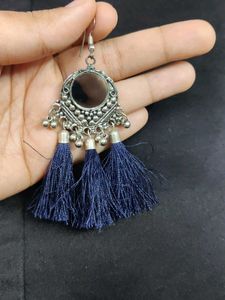 Blue Silk Tassles And Mirror Silver jhumki