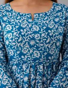 Blue Floral Tiered Top with Pom-Pom Trim