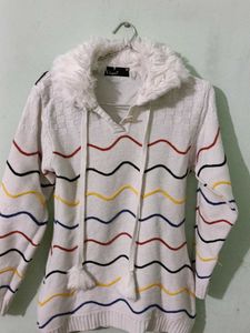 Fur Collar Striped Knit Sweater
