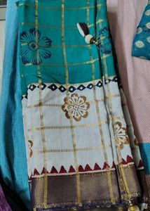 new zari Checked batik hand block print Saree