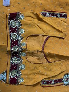 heavy work yellow red velvet border saree with blo