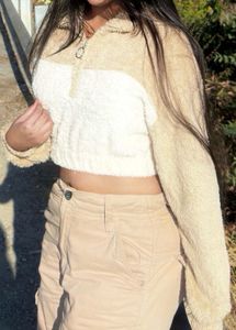 Shein Beige White Crop Fur Sweater
