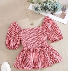Red Gingham Puff Sleeve Top