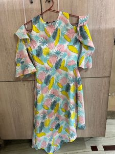 Tropical Print Cold-Shoulder Dress with Ruffle Sle