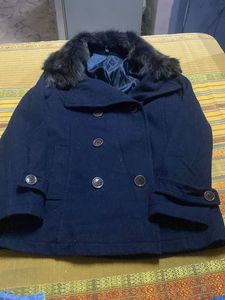 Navy Blue Coat Faux Fur Collar