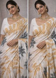 ✨ Elegant Off-White Foreign Saree – Black & Gold