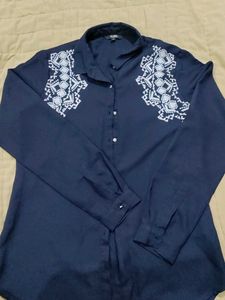 Navy Embroidered Button-Down Shirt