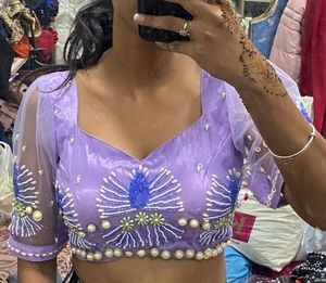 Lavender Mirror And Pearl Work Lehnga With Earring