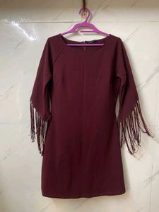 Chic Maroon Fringe Sleeve Dress – Size XL