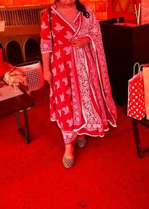 Beautiful Red Anarkali With Plazo Pant And Dupatta