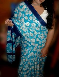 Sky Blue And White Printed Saree 💙🤍