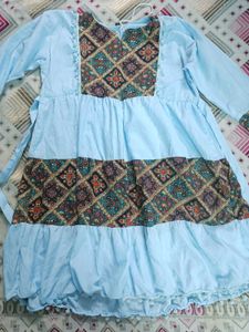 Elegant Light BlueBoho-Chic Long Dress with Ethnic