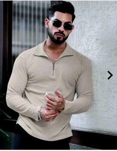 Beige Color Polo neck Patterned Tshirt With Zipper