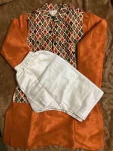 Orange & White Kids Kurta Payjama With Jacket