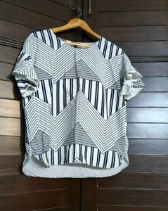 Women White Blue Rayon Printed Casual Top
