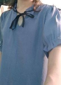 Blue Ruffle Neck Blouse