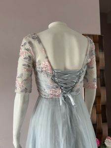 blue lace tulle midi gown