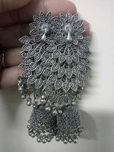 Oxidized Silver Peacock Jhumka Earrings