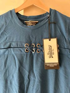 Teal Blue Eyelet Detail T-Shirt
